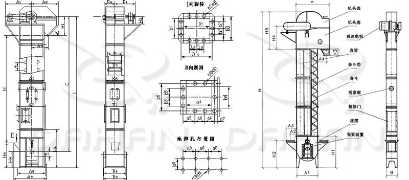 TD/D型斗式提升機基本結(jié)構(gòu):機頭蓋，機頭座，減速電機，直管，底座，緊張裝置等。