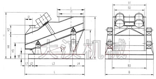 ZSG礦用振動篩外形示意圖：B為礦用振動篩寬度，L為礦用振動篩長度。H為礦用振動篩高度等。