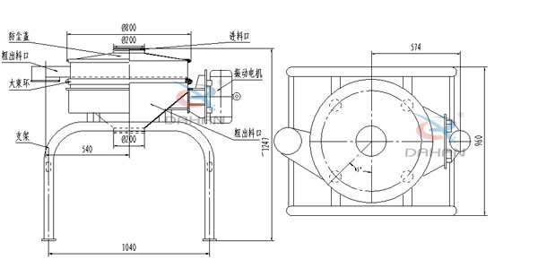 單振源直排篩機構和持續(xù)：防塵蓋（mm）：800進料口（mm）：200結構;防塵蓋，大束環(huán)，支架，振動電機，進料口等。