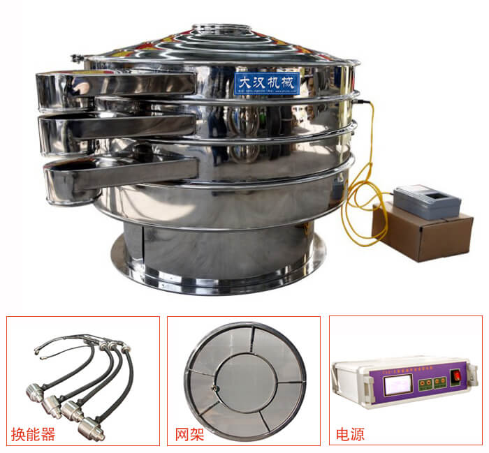  全不銹鋼超聲波振動篩內(nèi)部組成：換能器，網(wǎng)架，電源。